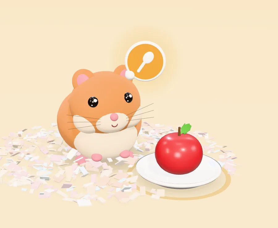 A 3D hamster on paper bedding next to a dish of apples